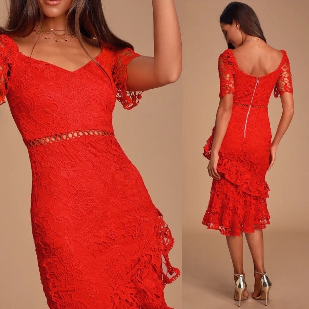 Lulus Briarwood Lace Ruffle Midi Dress Red Womens Size XS Midi Sexy Romantic NEW - Picture 10 of 10